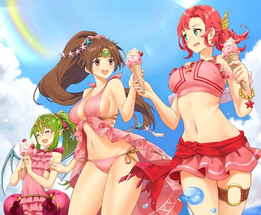 3girls, alternate_breast_size, bangs, beach, bikini, bikini_skirt, blush, bow, bracelet, breasts, brown_eyes, brown_hair, circlet, closed_eyes, clouds, collarbone, cowboy_shot, cute, dragon_wings, english_commentary, eyebrows_visible_through_hair, fire_emblem, fire_emblem:_mystery_of_the_emblem, fire_emblem:_shadow_dragon, fire_emblem_heroes, flat_chest, food, frilled_bikini, frilled_swimsuit, frills, fruit, green_eyes, green_hair, groin, hair_between_eyes, hair_ornament, hair_ribbon, happy, highres, holding, holding_food, human, ice_cream, ice_cream_cone, igni_tion, innertube, intelligent_systems, jewelry, large_breasts, lens_flare, linde_(fire_emblem), linea_alba, long_hair, manakete, microskirt, multiple_girls, navel, nintendo, norne_(fire_emblem), official_alternate_costume, one-piece_swimsuit, open_mouth, parted_bangs, pink_bikini, pink_bow, pink_hair, pink_ribbon, pink_scrunchie, pink_swimsuit, pointy_ears, ponytail, red_sarong, ribbon, sarong, scrunchie, shadow, short_hair, short_hair_with_long_locks, sideboob, skirt, smile, star_(symbol), star_hair_ornament, strawberry, summer, super_smash_bros., swimsuit, thick_thighs, thigh_strap, thighs, tiki_(fire_emblem), very_long_hair, water_drop, wings, young