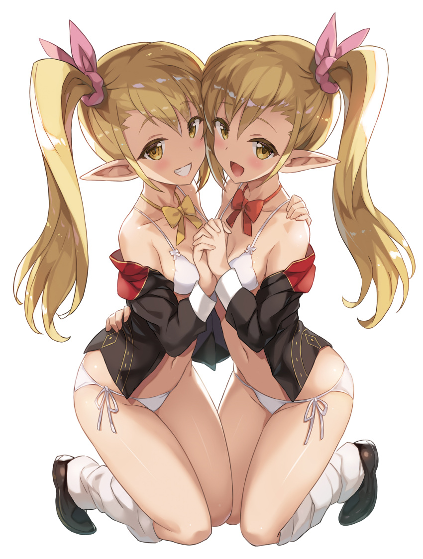 1girl, asymmetrical_docking, blonde_hair, blush, bow, bra, breast_press, breasts, brown_footwear, character_request, full_body, highres, kuro_no_senki, long_hair, looking_at_viewer, loose_socks, mutsumi_masato, open_mouth, panties, pink_scrunchie, pointy_ears, red_bow, scrunchie, shoes, siblings, side-tie_panties, side_ponytail, small_breasts, teeth, twins, underwear, white_bra, white_legwear, white_panties, yellow_bow, yellow_eyes