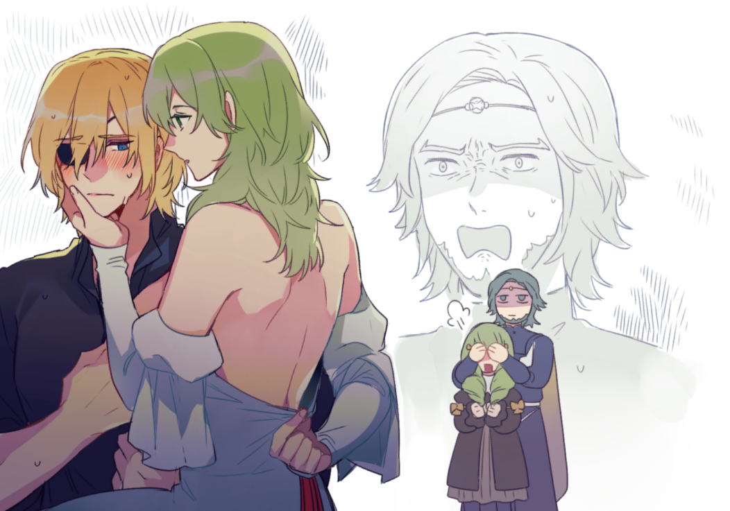 2boys, 2girls, bangs, bare_back, bare_shoulders, black_dress, blonde_hair, blue_coat