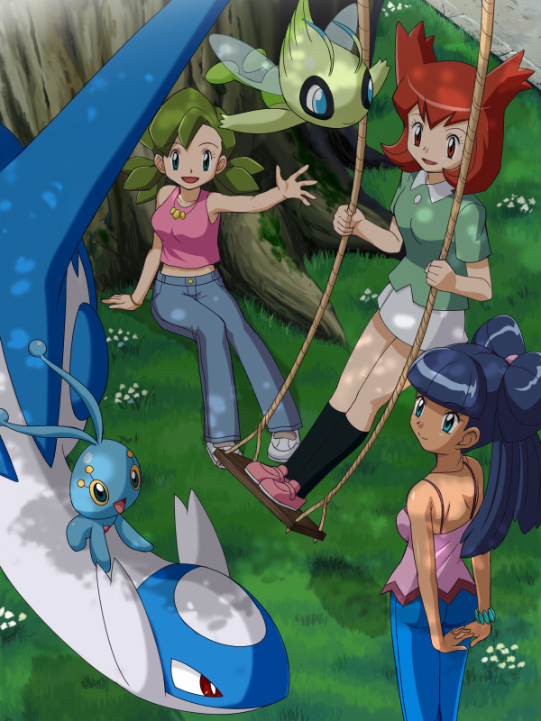 3girls, celebi, dark_skin, green_hair, hiromi_(pokemon), kanon_(pokemon), latios, manaphy, miku_(pokemon), multiple_girls, pokemoa, pokemon, pokemon_(anime), pokemon_(creature), red_hair, swing