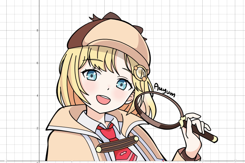1girl, auyum, bangs, blonde_hair, blue_eyes, cropped_torso, deerstalker, eyebrows_visible_through_hair