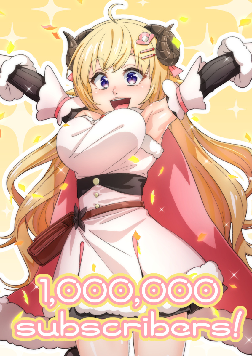 1girl, ahoge, animal_ears, armpits, belt_pouch, blonde_hair, breasts, cape