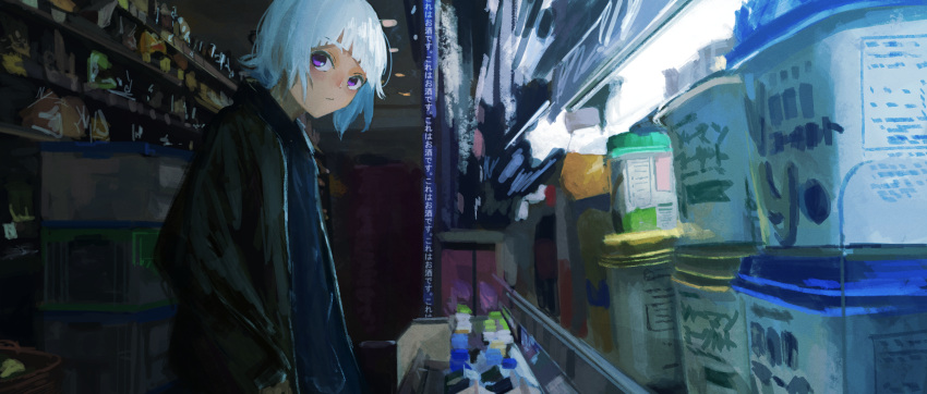 1girl, :/, bangs, black_jacket, black_shirt, blurry, ceiling_light, closed_mouth