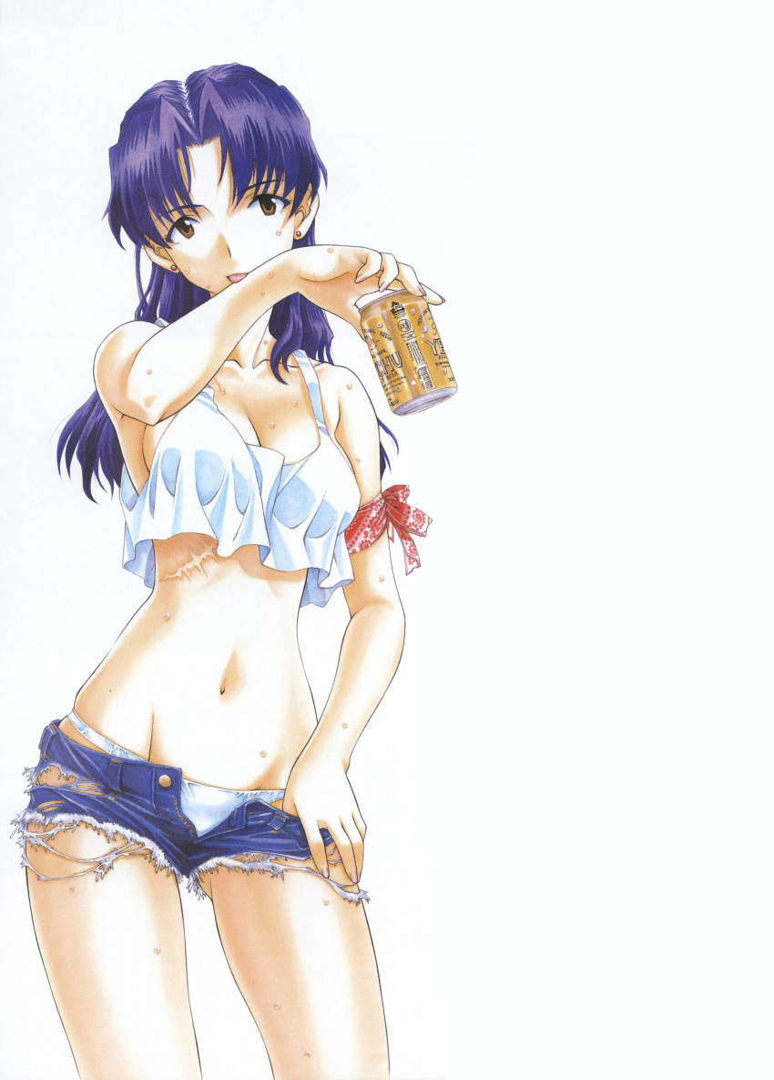 bandana, bangs, beer, beer_can, bikini, blue_hair, brown_eyes, denim_shorts, detexted, katsuragi_misato, long_hair, neon_genesis_evangelion, panties, ramiya_ryou, scar, screening, sweat, thighs, tongue, tongue_out, utatane_hiroyuki, white_bikini, wiping_mouth