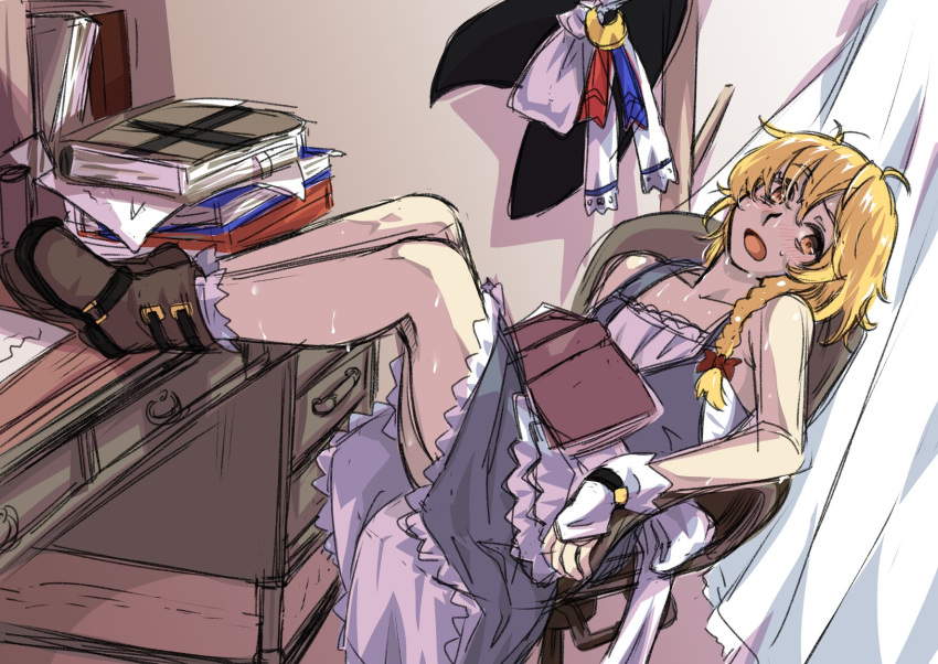 1girl, alternate_costume, apron, blonde_hair, blue_dress, blue_ribbon, book, book_on_lap