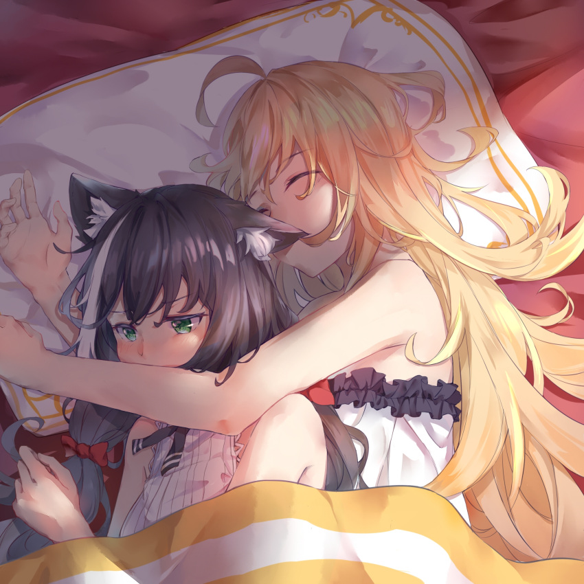 2girls, ahoge, animal_ear_fluff, animal_ears, black_hair, blonde_hair, blush, bow