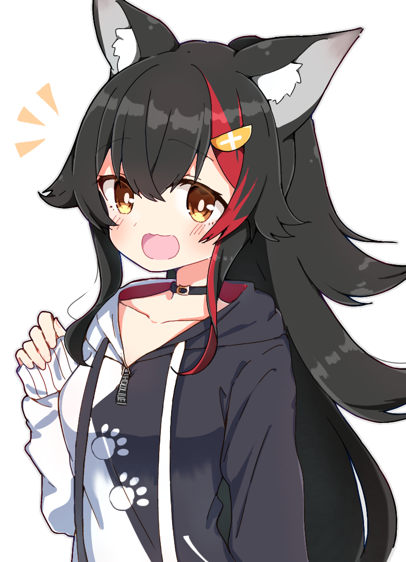 1girl, :d, animal_ear_fluff, animal_ears, bangs, black_collar, black_hair, black_hoodie