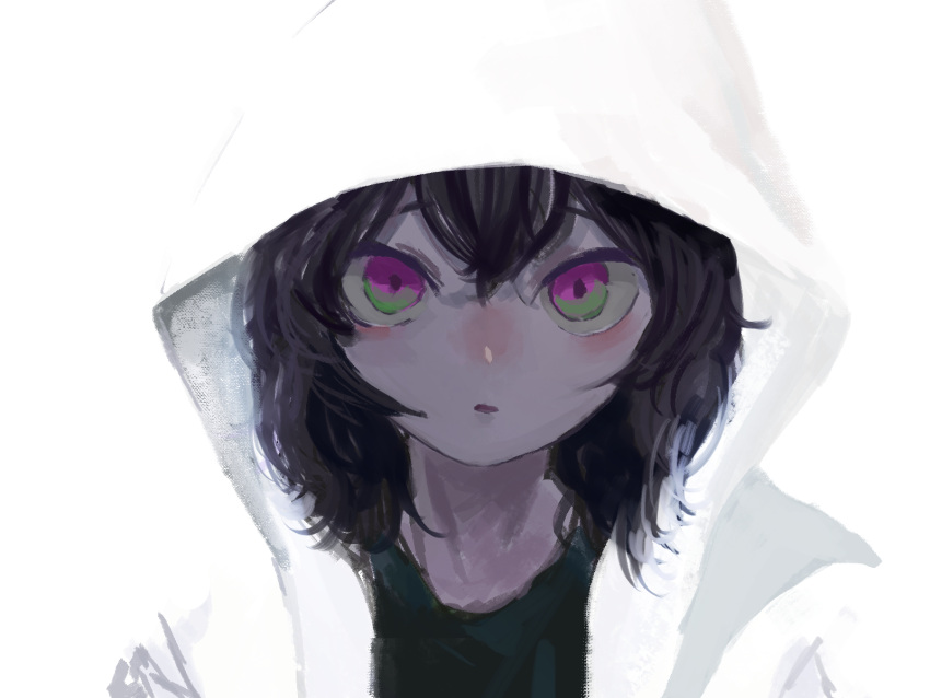 1girl, bangs, black_hair, black_shirt, commentary, daruma_karei, face, green_eyes, hair_between_eyes, highres, hood, hood_up, hoodie, multicolored, multicolored_eyes, original, parted_lips, shirt, short_hair, simple_background, solo, upper_body, violet_eyes, white_background, white_hoodie