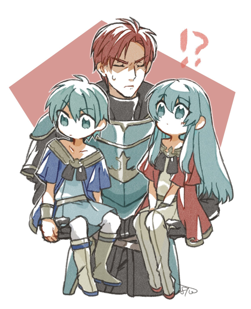 1girl, 2boys, aqua_eyes, aqua_hair, armor, bangs, batoson54, boots, closed_eyes, collarbone, eirika_(fire_emblem), ephraim_(fire_emblem), eyebrows_visible_through_hair, fire_emblem, fire_emblem:_the_sacred_stones, fire_emblem_heroes, hair_between_eyes, highres, holding, long_hair, multiple_boys, redhead, seth_(fire_emblem), short_hair, sidelocks, sweatdrop, younger