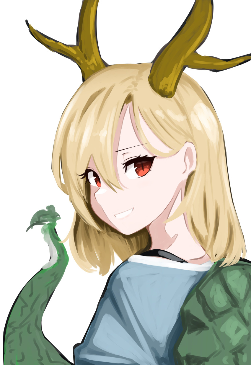 1girl, absurdres, antlers, blonde_hair, blue_shirt, commentary_request, derinhi1123, dragon_horns