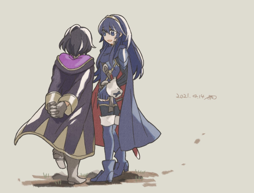2girls, armor, arms_behind_back, bangs, batoson54, black_hair, blue_eyes, blue_hair, boots, cape, dated, eyebrows_visible_through_hair, fingerless_gloves, fire_emblem, fire_emblem_awakening, full_body, gloves, hair_between_eyes, long_hair, looking_at_another, lucina_(fire_emblem), morgan_(fire_emblem), morgan_(fire_emblem)_(female), multiple_girls, open_mouth, pauldrons, sheath, short_hair, shoulder_armor, standing, thigh-highs, thigh_boots, tiara