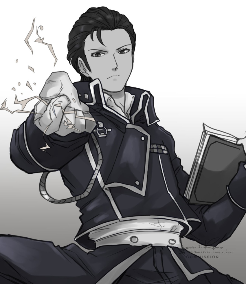 1boy, alternate_costume, artist_name, book, closed_mouth, collar, commission, commissioner_upload
