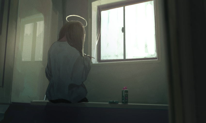 1girl, bathroom, brown_hair, cigarette, commentary, daruma_karei, day, facing_away