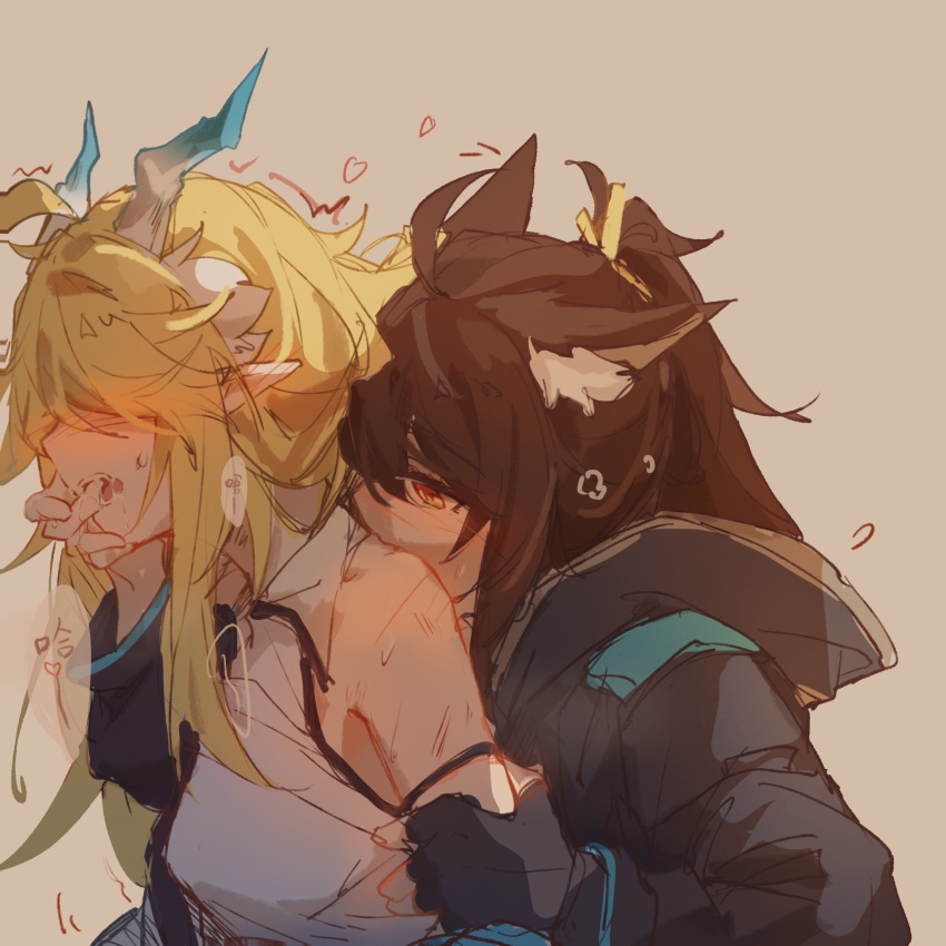 2girls, ahoge, animal_ears, arm_grab, black_gloves, black_jacket, blonde_hair, brown_footwear, brown_hair, chinese_commentary, dragon_horns, fangs, finger_in_another's_mouth, fingerless_gloves, flying_sweatdrops, gloves, hair_over_eyes, heart, highres, horns, jacket, kissing_shoulder, long_hair, moyu_marginal, multiple_girls, original, pointy_ears, ponytail, red_eyes, saliva, shirt, simple_background, white_shirt, wolf_ears, yuri