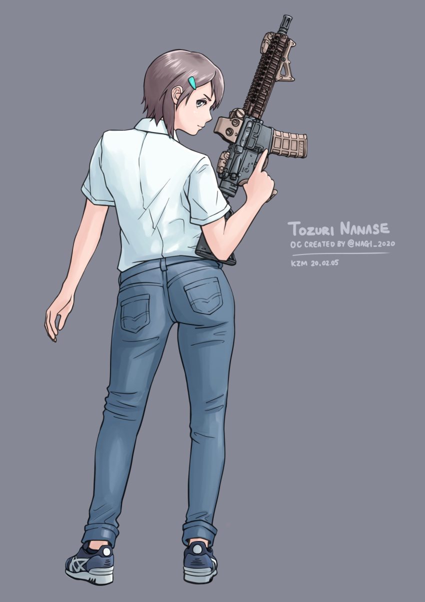 1girl, ass, assault_rifle, blue_footwear, blue_pants, blue_shirt, closed_mouth, denim