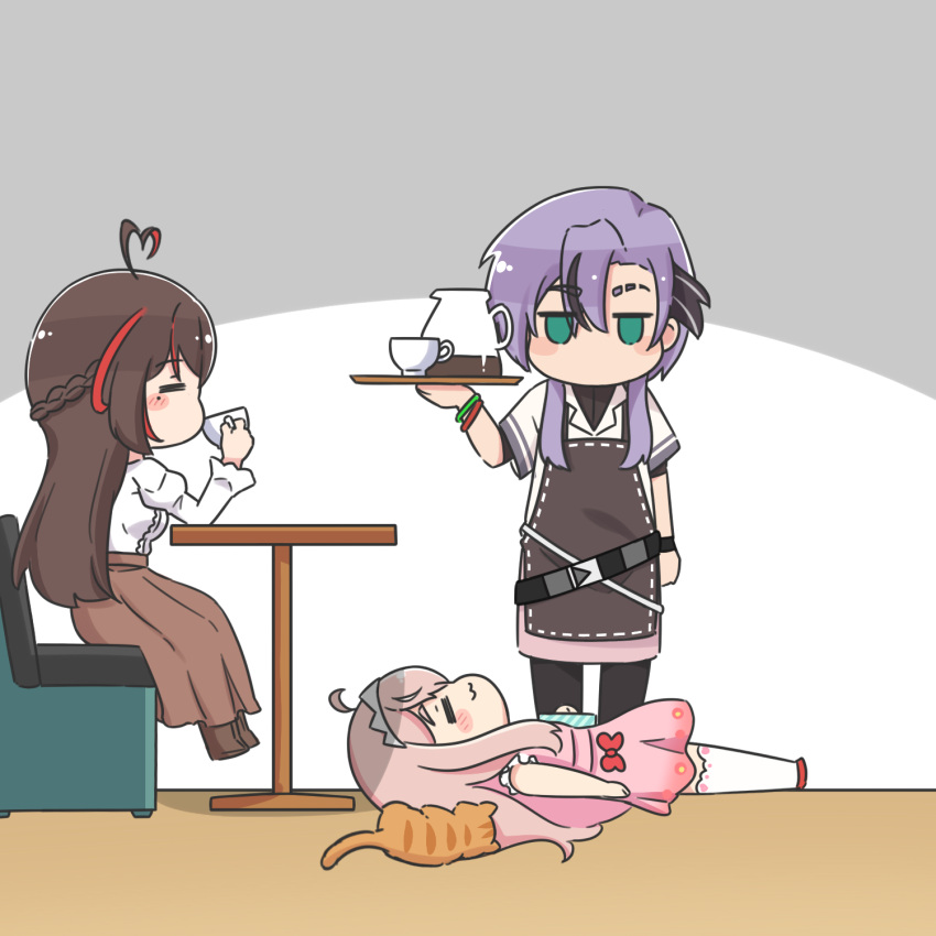 3girls, :3, =_=, ahoge, animal, aoi_id, apron, bangs