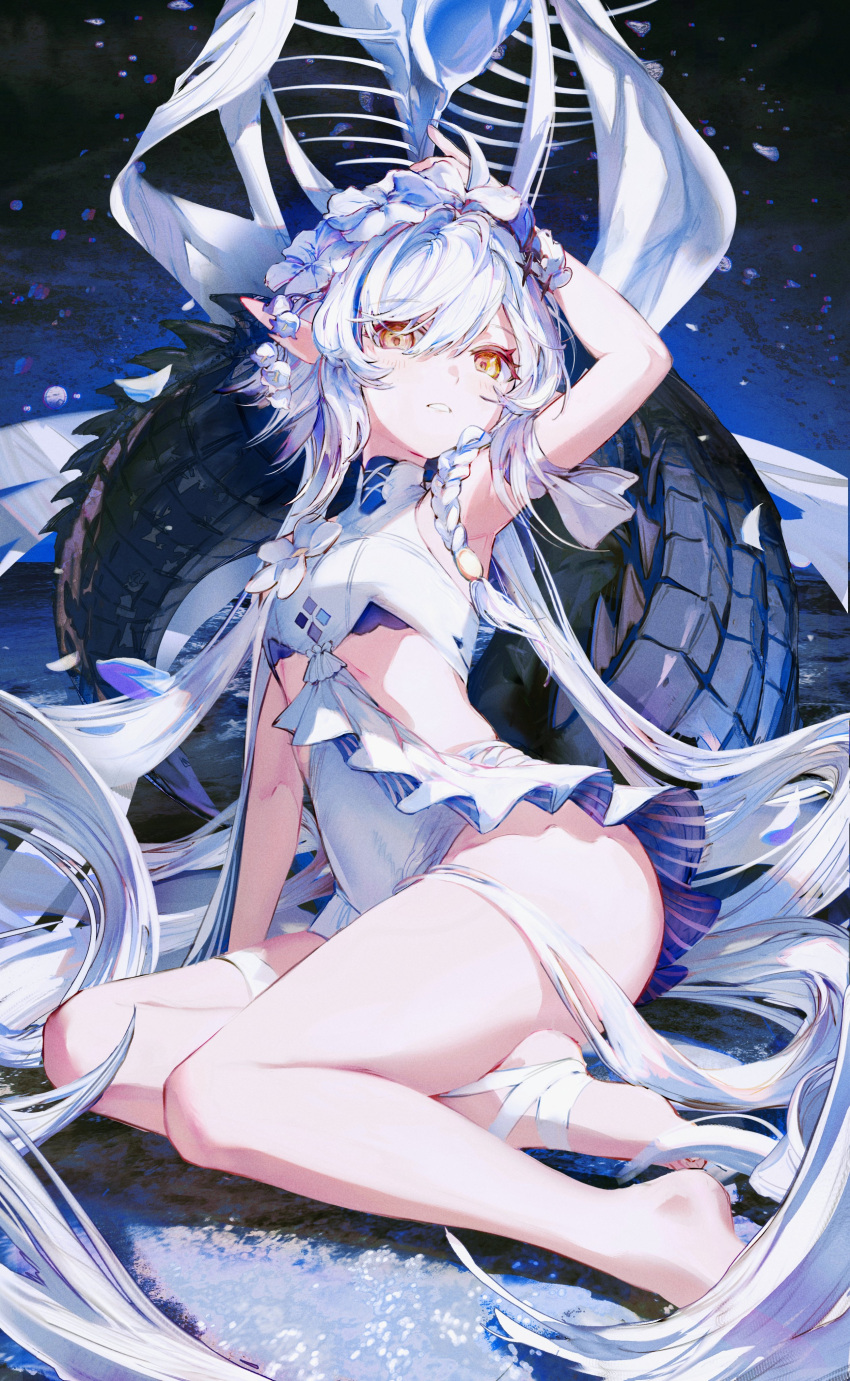 1girl, absurdres, ahoge, arknights, arm_strap, arm_support, bangs, bare_legs