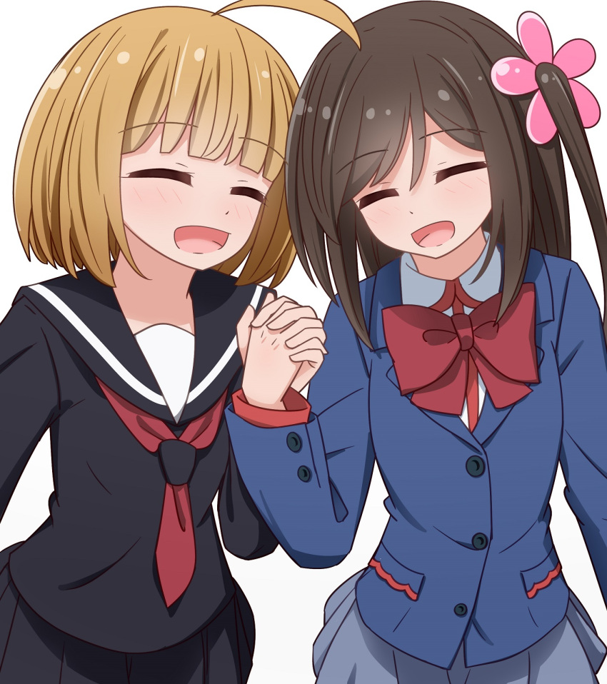 2girls, ahoge, blush, bow, brown_hair, closed_eyes, cowboy_shot, flower
