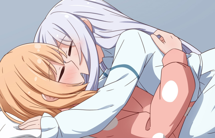 2girls, bed, blue_background, blue_hair, blush, closed_eyes, gochuumon_wa_usagi_desu_ka?, highres