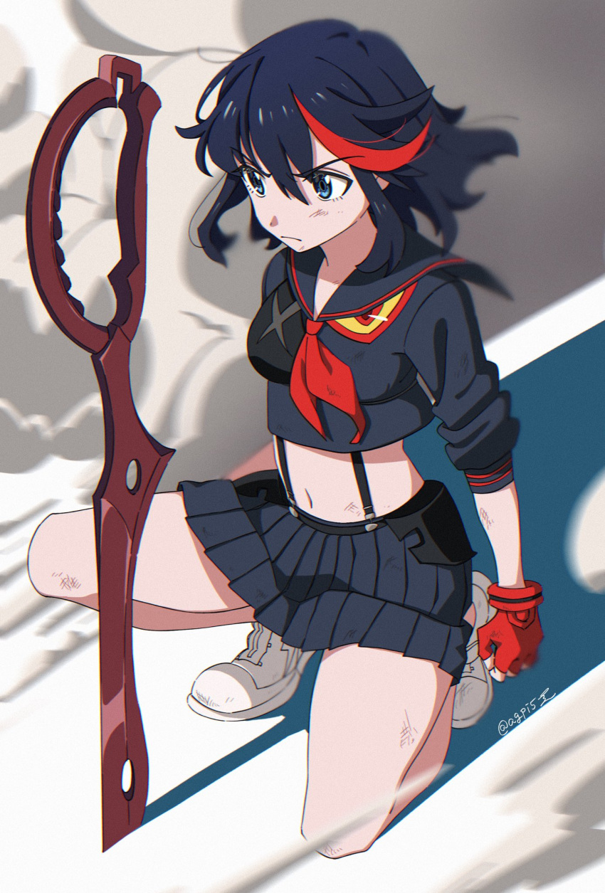 1girl, arms_at_sides, black_hair, black_sailor_collar, black_skirt, blue_eyes, blurry, blurry_background
