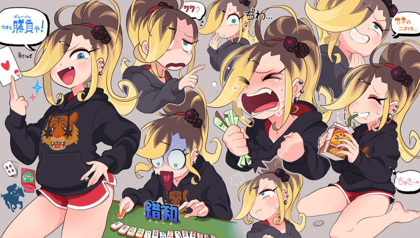 1girl, :t, animal_print, aqua_eyes, blonde_hair, brown_hair, card, dice_hair_ornament