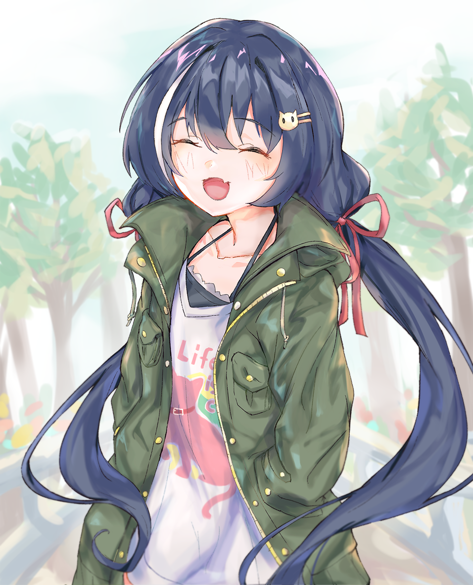 1girl, bangs, blue_hair, blush, cat_hair_ornament, closed_eyes, collarbone, commentary