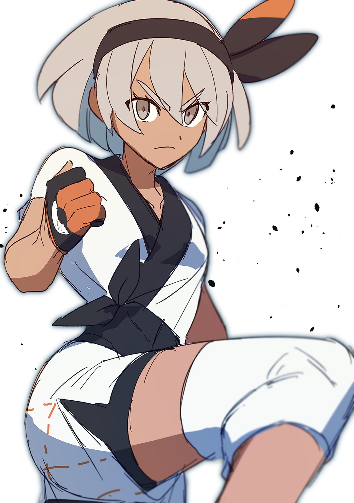 1girl, bangs, bea_(pokemon), black_bodysuit, blonde_hair, bodysuit, bodysuit_under_clothes, bow_hairband, brown_hairband, closed_mouth, commentary_request, eyebrows_visible_through_hair, frown, gloves, grey_eyes, gym_leader, hair_between_eyes, hairband, hand_up, highres, knee_pads, leg_up, morio_(poke_orio), partially_fingerless_gloves, pokemon, pokemon_(game), pokemon_swsh, short_hair, short_sleeves, shorts, side_slit, side_slit_shorts, sketch, solo, v-shaped_eyebrows, white_background