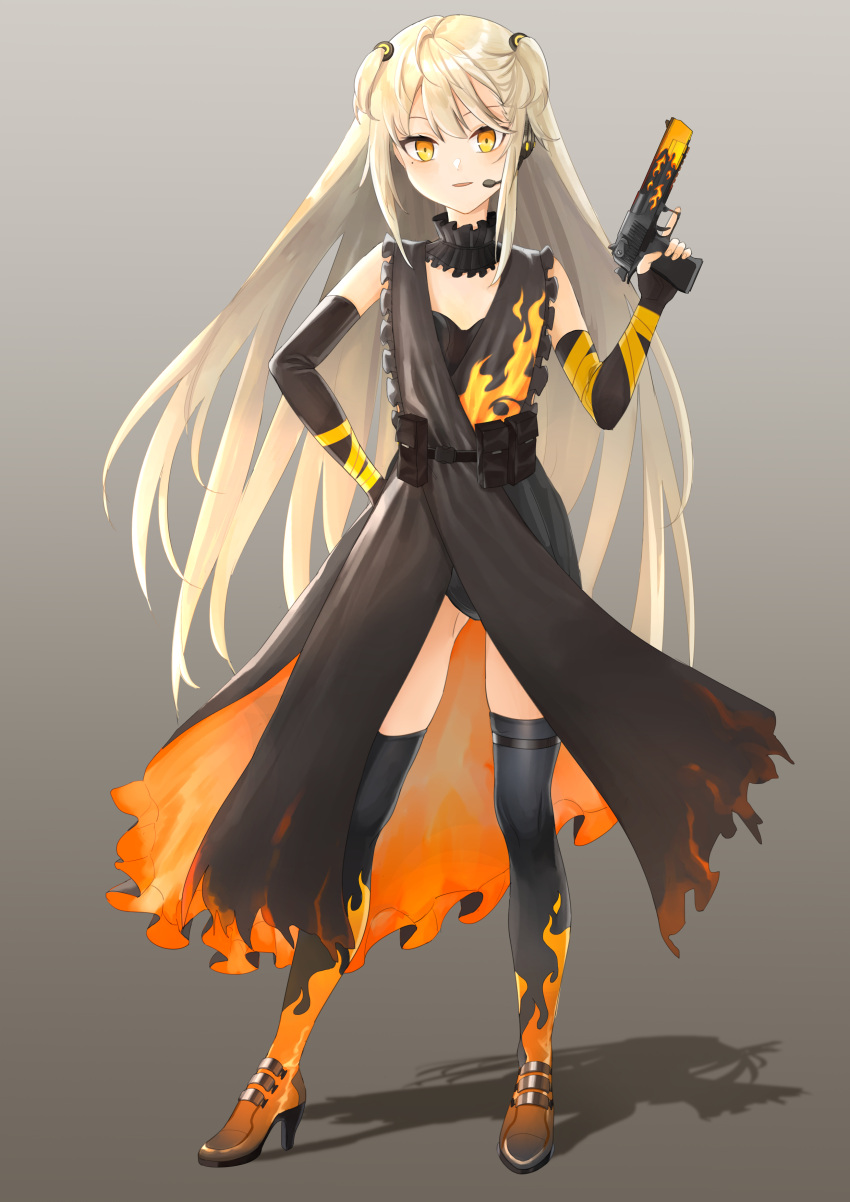 1girl, absurdres, bangs, black_gloves, black_legwear, blonde_hair, blush, breasts