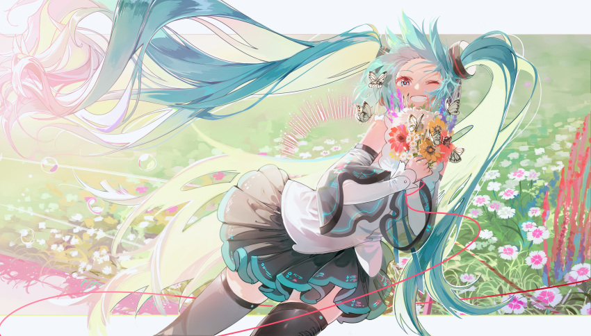 1girl, absurdres, bare_shoulders, black_legwear, black_skirt, blue_border, blue_eyes, blue_hair