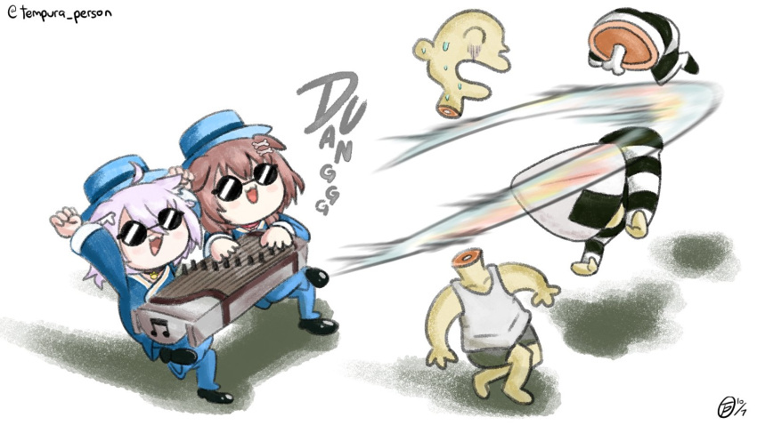 1boy, 1other, 2girls, :3, ahoge, alternate_costume, animal_ear_fluff, animal_ears, bisected, bone, bone_hair_ornament, cartoon_bone, cat_ears, cat_girl, chibi, crossed_legs, decapitation, dog_ears, dog_girl, english_commentary, food, guzheng, hair_between_eyes, hair_ornament, hat, highres, hololive, inugami_korone, kung_fu_hustle, long_sleeves, multiple_girls, musical_note, nekomata_okayu, onigiri, purple_hair, round_eyewear, shadow, short_hair, singlet, striped, sunglasses, sweat, sweating_profusely, tempura_person, virtual_youtuber
