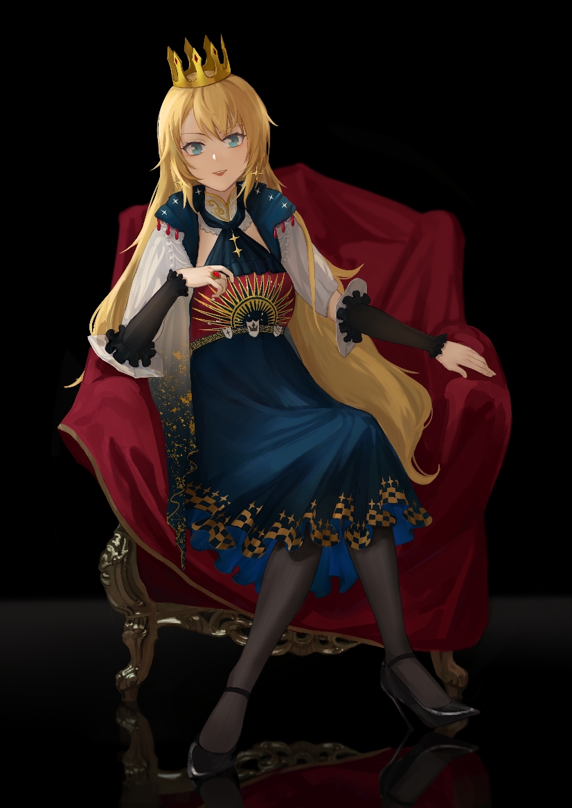 1girl, ak-47_(girls_frontline), armchair, black_background, black_footwear, black_legwear, blonde_hair, blue_dress