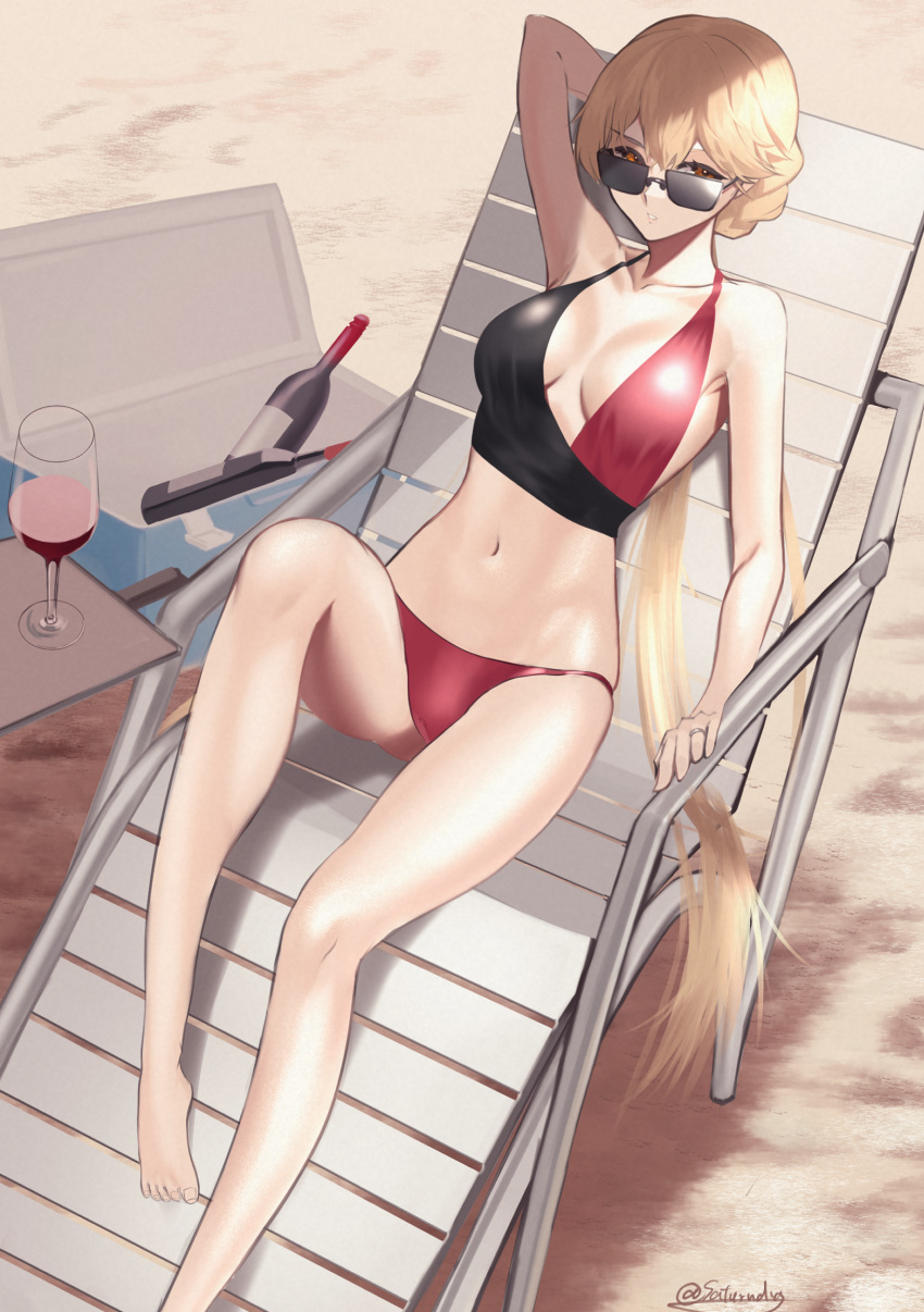 1girl, alcohol, arm_behind_head, artist_name, barefoot, beach, beach_chair, bikini