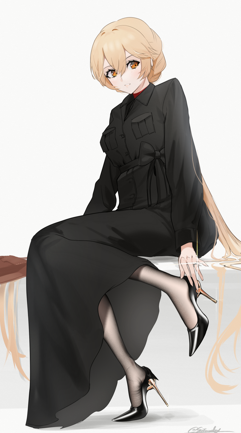 1girl, artist_name, bag, black_coat, black_footwear, black_legwear, blonde_hair, bow