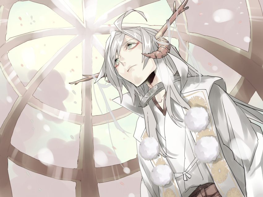 1boy, ahoge, closed_mouth, collar, commentary, dragon_horns, expressionless, eyeliner