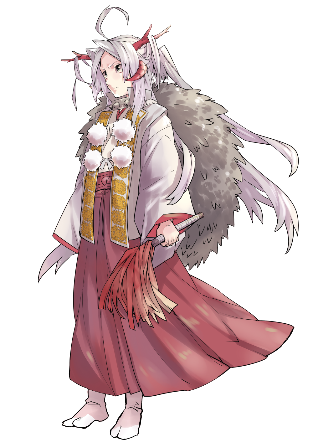 1boy, ahoge, cape, closed_mouth, collar, dragon_horns, full_body, fur_cape