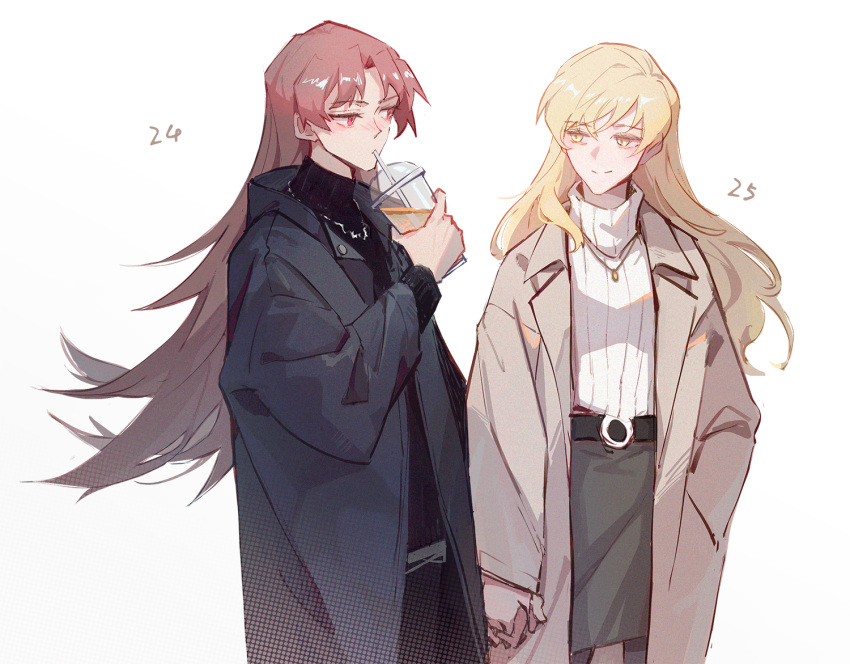2girls, alternate_costume, bangs, beige_sweater, belt, black_belt, black_coat, black_sweater, blonde_hair, blush, brown_coat, casual, coat, cup, die_(die0118), disposable_cup, drinking, eye_contact, eyebrows_visible_through_hair, flat_chest, grey_legwear, grey_skirt, hair_down, half-closed_eyes, halftone, hand_in_pocket, hand_up, holding, holding_cup, holding_hands, jewelry, long_hair, looking_at_another, looking_to_the_side, mahou_shoujo_madoka_magica, multiple_girls, necklace, nose_blush, older, open_clothes, open_coat, pantyhose, parted_bangs, red_eyes, redhead, sakura_kyouko, shiny, shiny_hair, side-by-side, simple_background, skirt, smile, standing, sweater, tomoe_mami, turtleneck, turtleneck_sweater, upper_body, white_background, yellow_eyes, yuri