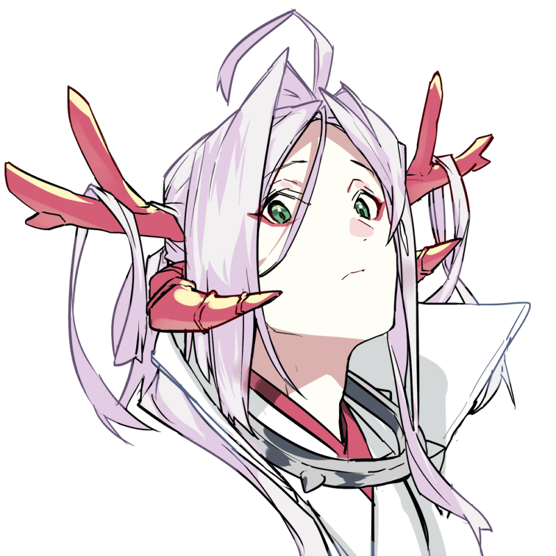 1boy, ahoge, close-up, closed_mouth, collar, commentary, dragon_horns, eyeliner