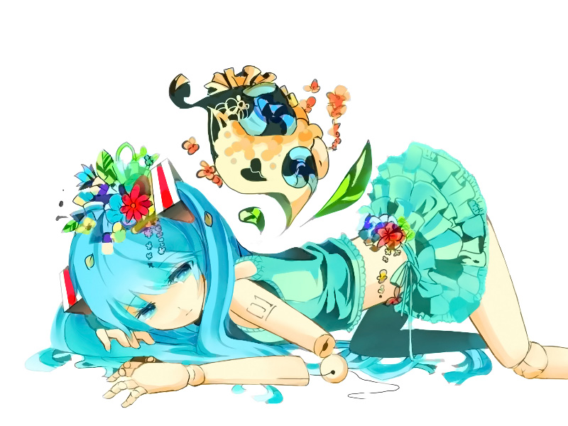 all_fours, aqua_eyes, aqua_hair, bad_id, doll_joints, flower, hair_flower, hair_ornament, hatsune_miku, itamidome, itamitome, long_hair, skirt, solo, top-down_bottom-up, twintails, vocaloid