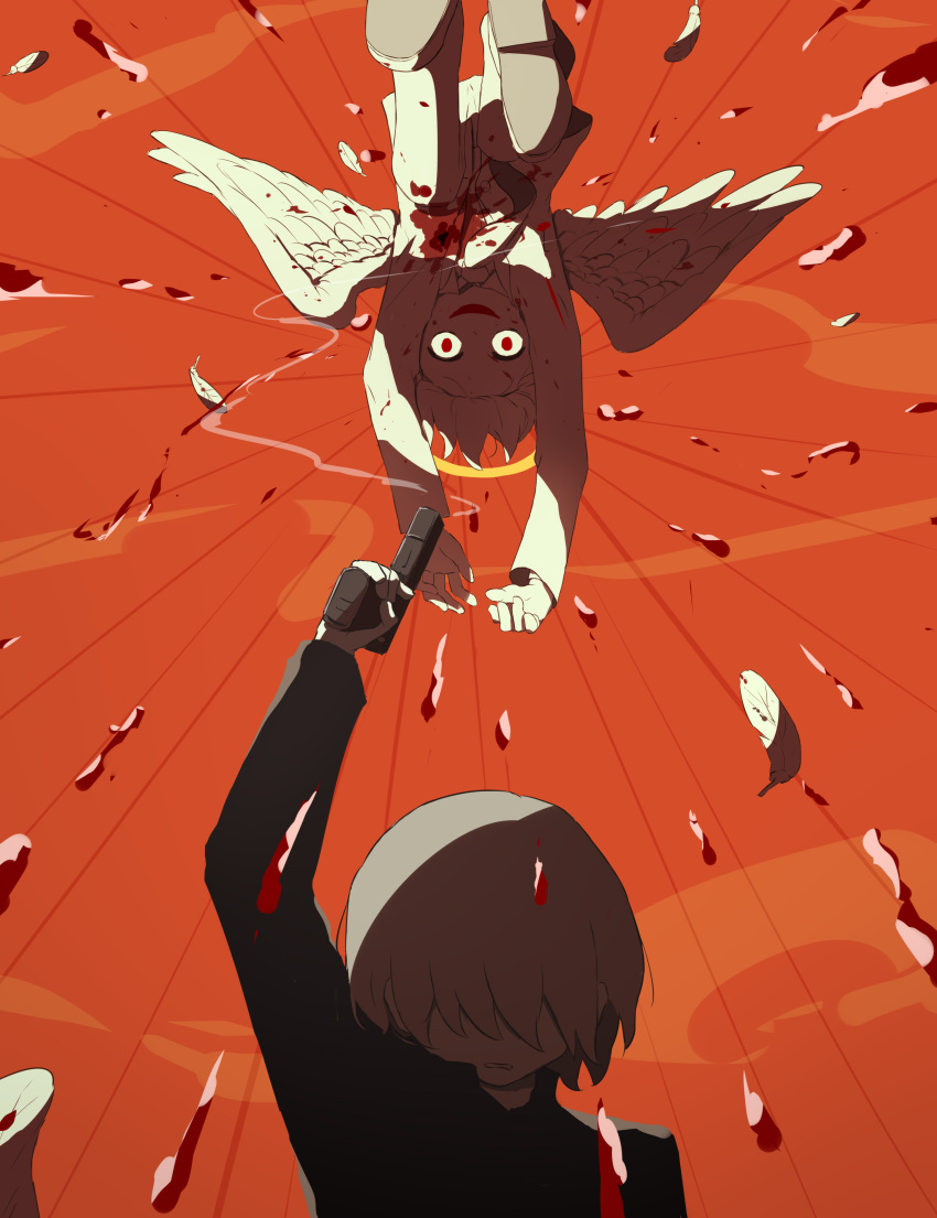 2boys, absurdres, avogado6, black_shirt, commentary_request, grey_hair, gun, gunshot_wound