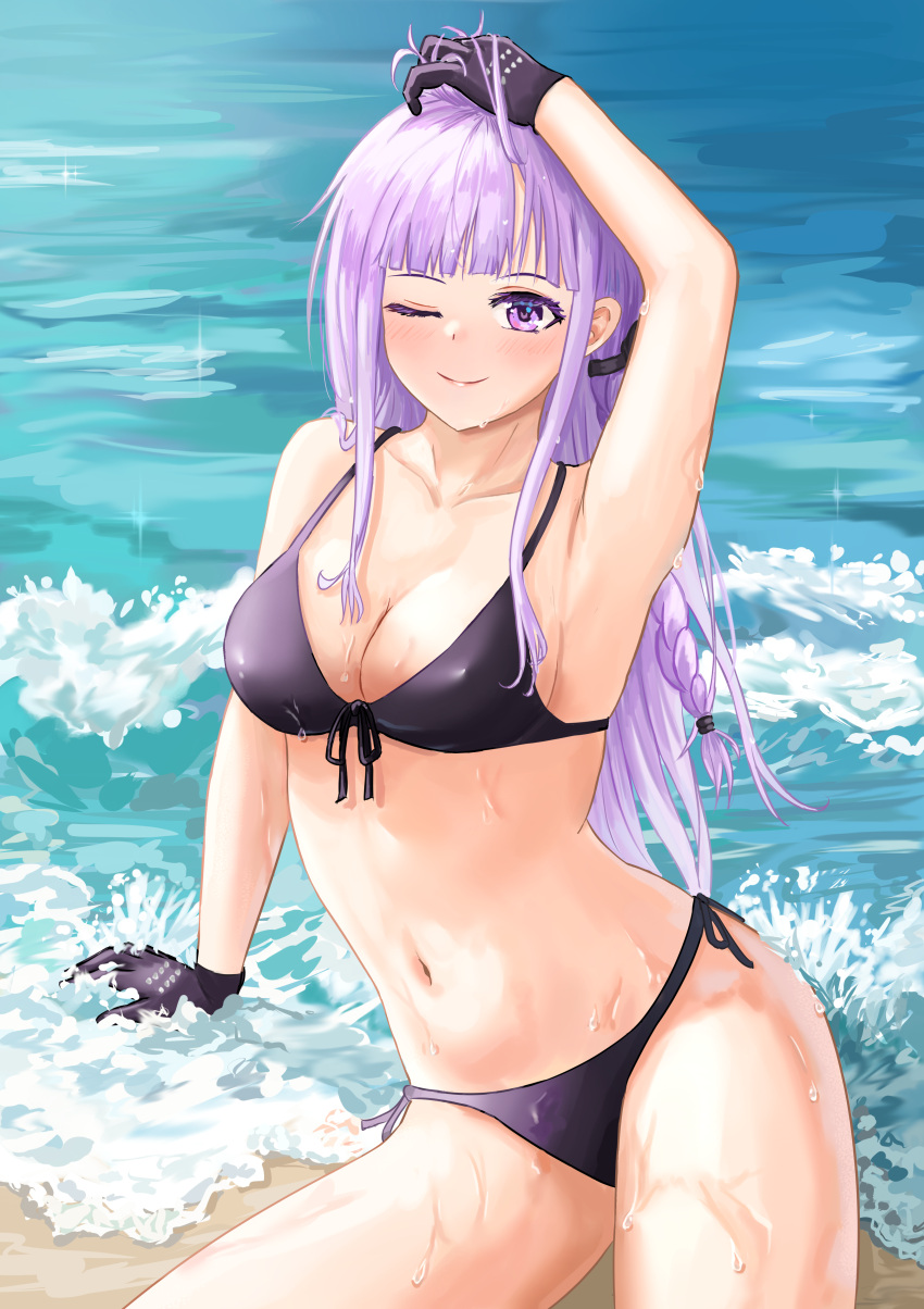 1girl, absurdres, arm_up, bangs, beach, bikini, black_bikini, black_gloves, blunt_bangs, blush, braid, breasts, closed_mouth, collarbone, dangan_ronpa:_trigger_happy_havoc, dangan_ronpa_(series), dangan_ronpa_s:_ultimate_summer_camp, english_commentary, front-tie_bikini, front-tie_top, gloves, hand_up, highres, kirigiri_kyouko, long_hair, looking_at_viewer, navel, one_eye_closed, outdoors, purple_hair, raiiniichts, ribbon, side-tie_bikini, sitting, smile, solo, stomach, swimsuit, violet_eyes, water, wet, wet_hair