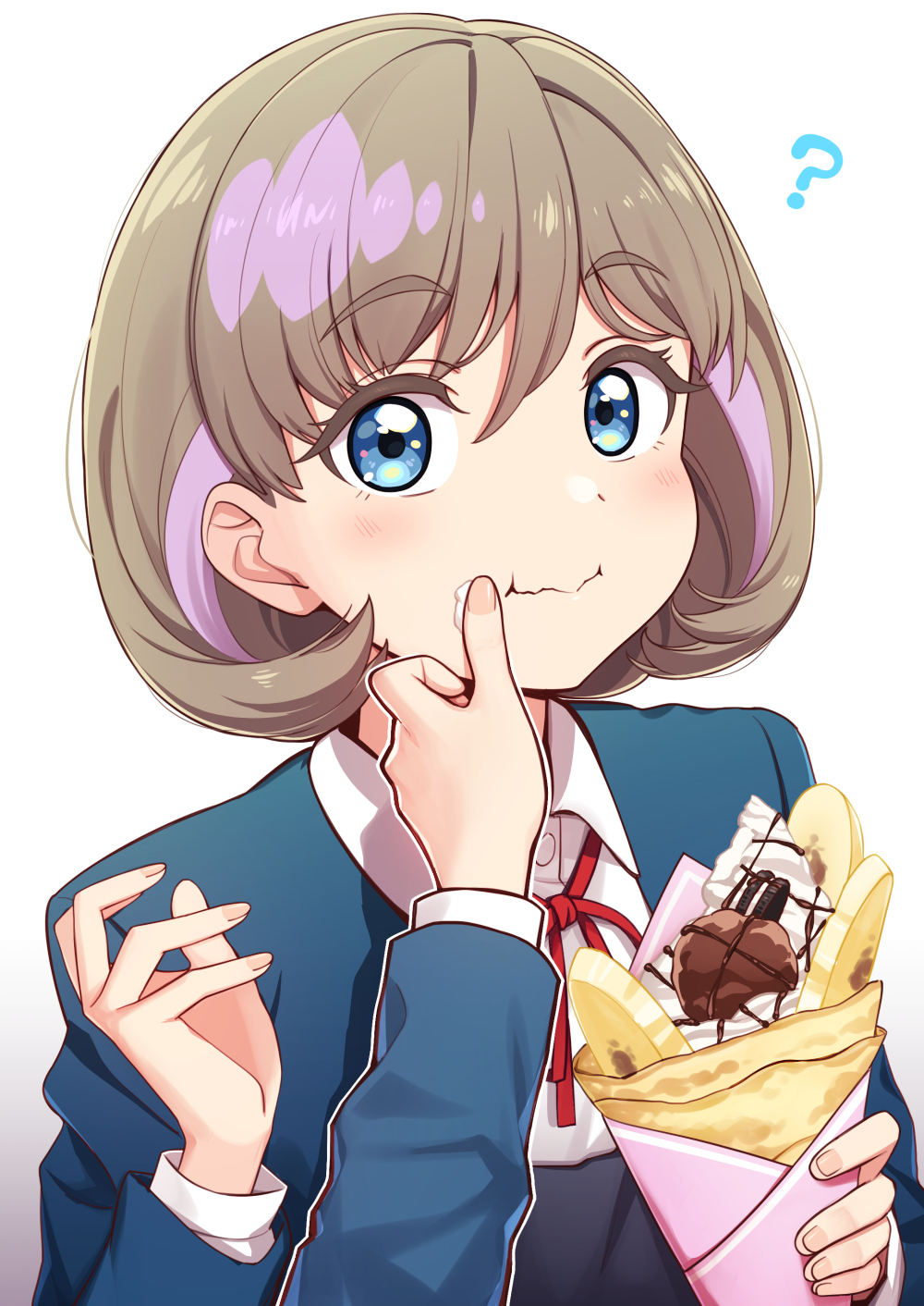 1girl, 1other, ?, bangs, blazer, blue_eyes, blush, bob_cut, brown_hair, chocolate, closed_mouth, collared_shirt, commentary_request, cream, crepe, deadnooodles, dress_shirt, eyebrows_visible_through_hair, food, food_on_face, highres, holding, jacket, long_sleeves, looking_at_viewer, love_live!, love_live!_superstar!!, multicolored_hair, neck_ribbon, oreo, outline, pink_hair, red_ribbon, ribbon, shiny, shiny_hair, shirt, short_hair, simple_background, solo_focus, tang_keke, two-tone_hair, upper_body, white_background, white_outline, white_shirt, wiping_face