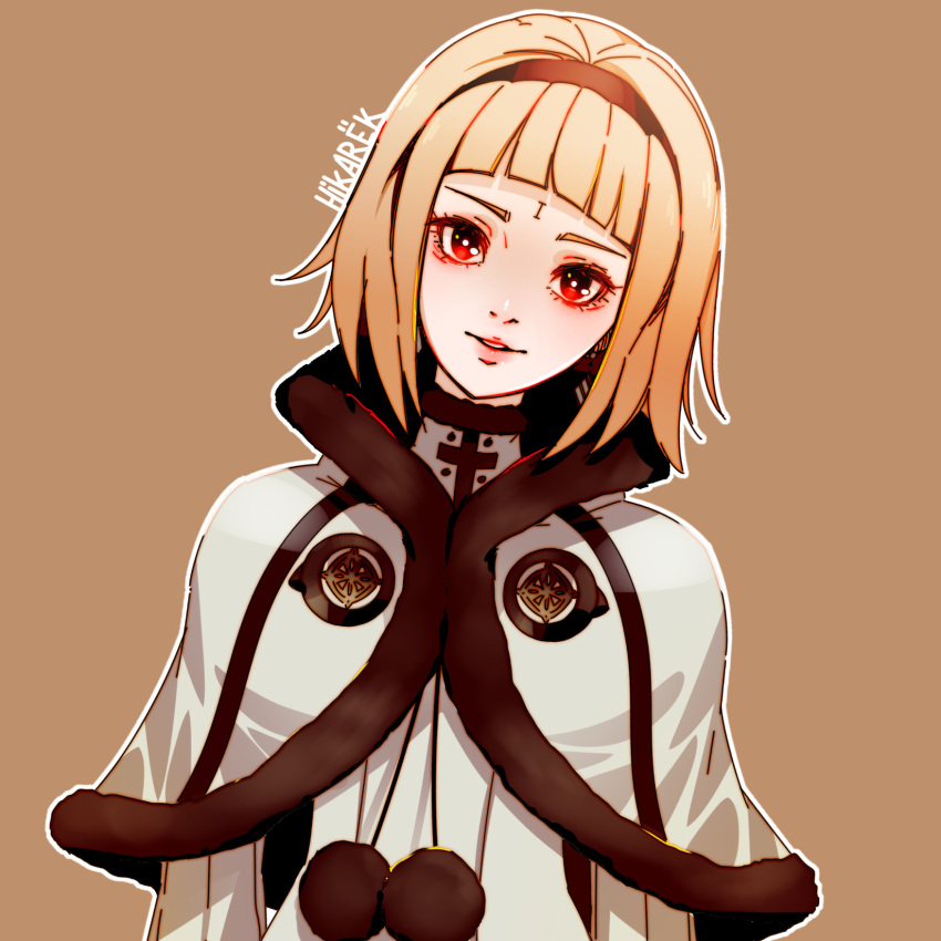 1girl, artist_name, bangs, black_hairband, blonde_hair, capelet, commentary, drag-on_dragoon, drag-on_dragoon_3, english_commentary, fur-trimmed_capelet, fur_trim, hairband, highres, hikareeek, one_(drag-on_dragoon), parted_lips, red_eyes, roman_numeral, short_hair, simple_background, solo, turtleneck, white_capelet
