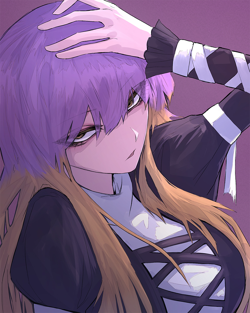 1girl, 33_gaff, arm_up, bangs, black_dress, breasts, brown_eyes, commentary_request, dress, eyebrows_visible_through_hair, gradient_hair, hair_between_eyes, half-closed_eyes, hand_on_head, hijiri_byakuren, juliet_sleeves, large_breasts, long_hair, long_sleeves, looking_at_viewer, multicolored_hair, parted_lips, puffy_sleeves, purple_background, purple_hair, sidelocks, simple_background, solo, touhou, upper_body