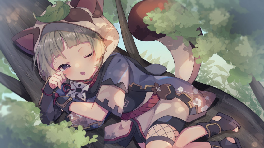 1girl, animal_hood, bangs, black_footwear, black_gloves, blunt_bangs, blush, day