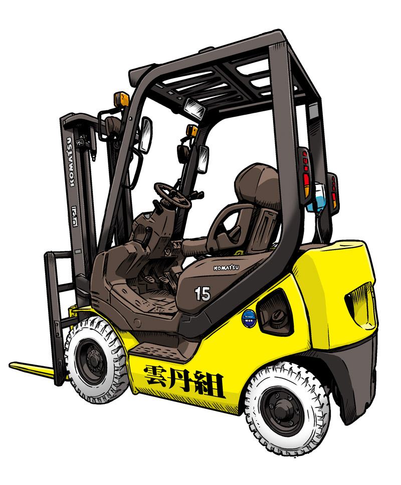 chair, commentary_request, forklift, from_side, komatsu_(company), makino_yasuhiro, no_humans, simple_background