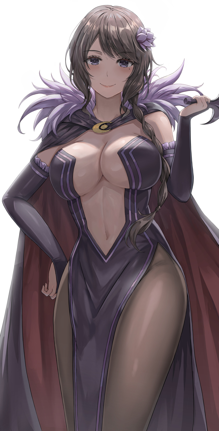 1girl, absurdres, bangs, black_hair, black_legwear, blush, braid, braided_ponytail, breasts, cape, closed_mouth, cowboy_shot, elbow_gloves, elsa_granhilte, eyebrows_visible_through_hair, fingerless_gloves, flower, gloves, groin, hair_flower, hair_ornament, hand_on_hip, highres, holding, holding_knife, holding_weapon, jasony, knife, large_breasts, lips, long_hair, looking_at_viewer, mole, mole_under_eye, navel, pantyhose, pelvic_curtain, purple_flower, re:zero_kara_hajimeru_isekai_seikatsu, revealing_clothes, smile, solo, under_boob, violet_eyes, weapon