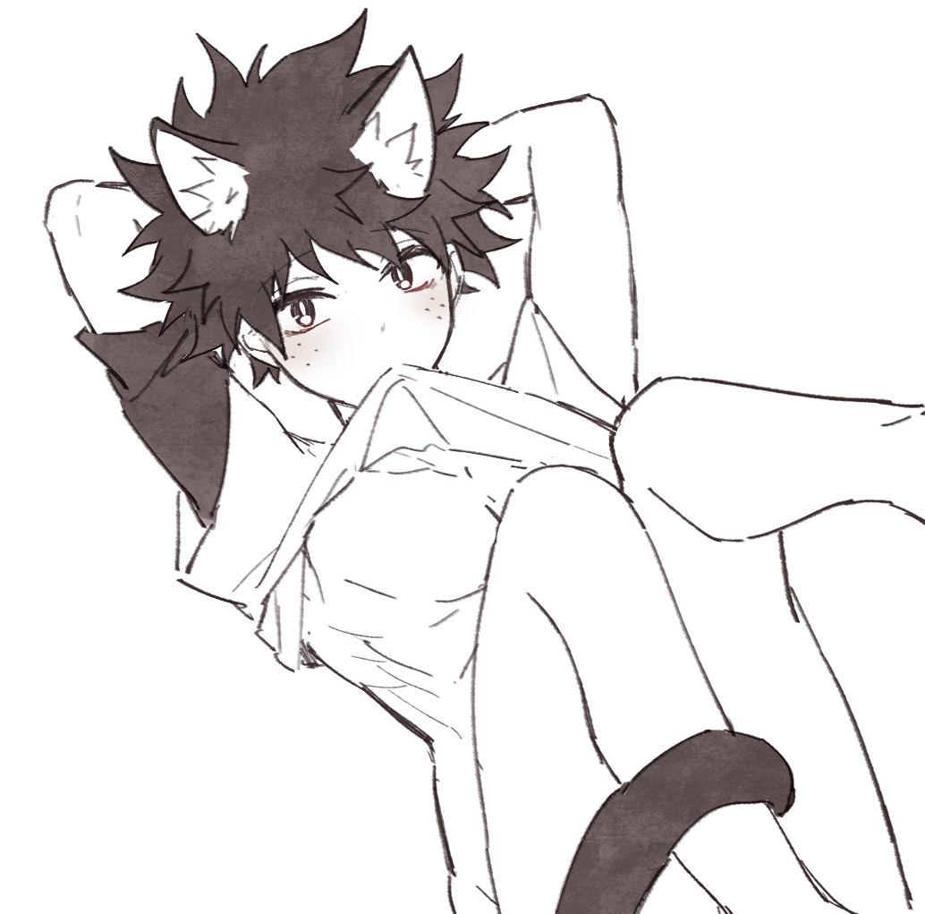 1boy, animal_ears, arms_behind_head, bangs, blush, boku_no_hero_academia, bottomless, cat_ears, cat_tail, clothes_lift, coi_mha, freckles, greyscale, kemonomimi_mode, looking_at_viewer, male_focus, messy_hair, midoriya_izuku, monochrome, mouth_hold, shirt, shirt_lift, simple_background, solo, t-shirt, tail, white_background