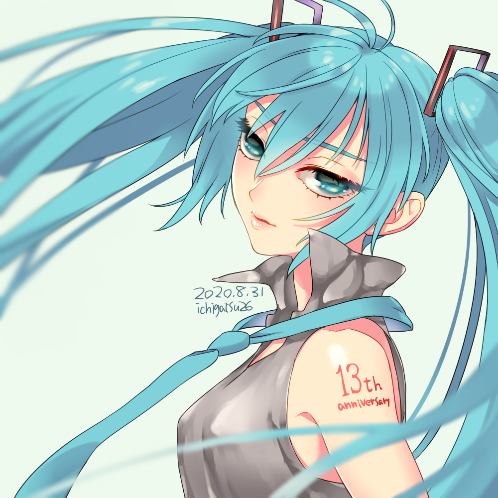 1girl, anniversary, aqua_eyes, aqua_hair, aqua_neckwear, body_writing, closed_mouth, collared_shirt