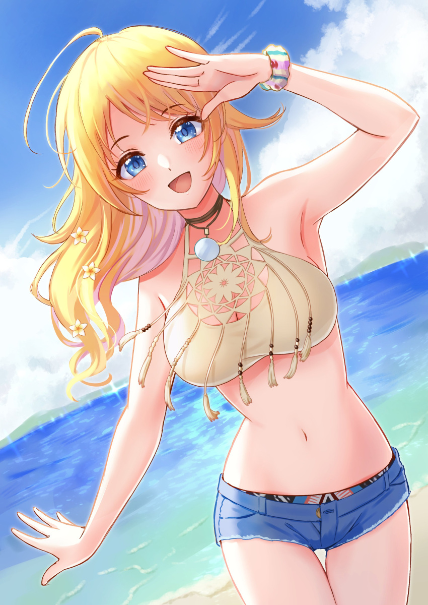 1girl, :d, absurdres, ahoge, bikini, blonde_hair, blue_eyes, blue_sky