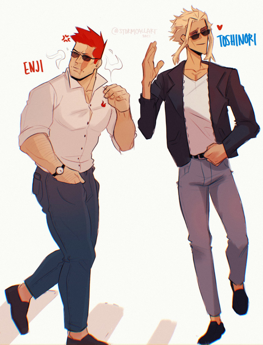 2boys, all_might, arm_hair, beard, blue_pants, boku_no_hero_academia, bursting_pectorals, cigarette